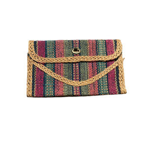 Woven Straw Tan Multicolor Envelope Clutch Bag
